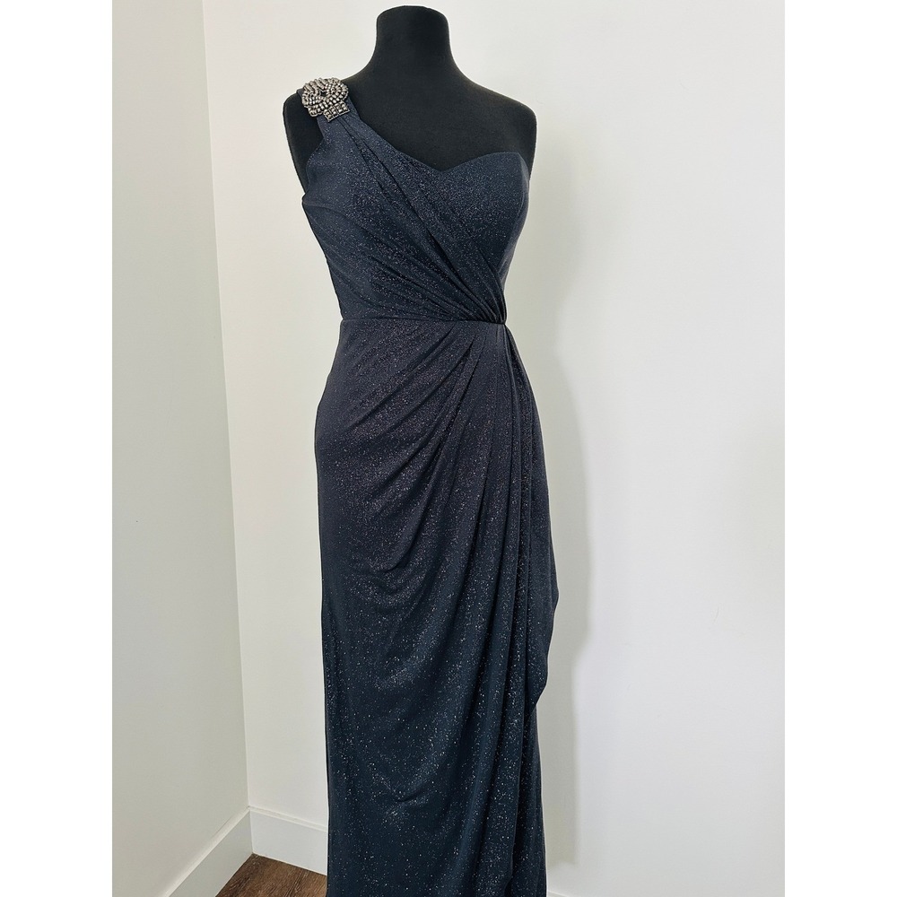 Xscape Evening‎ Dress 6 One Shoulder Navy Blue Glitter Gown Ruched Formal Prom - Picture 2 of 11